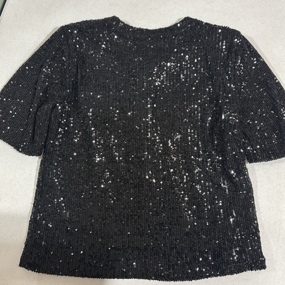 Ann Taylor Sequins Henley Blouse Black Medium Petite with Gold Buttons - Picture 5 of 9